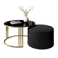 COUCHTISCH mit Hocker LORI GLASS gebürstetes Gold/schwarzes Glas/Coral 60 - Schwarz, Metall (70/70/49cm) - Lookway