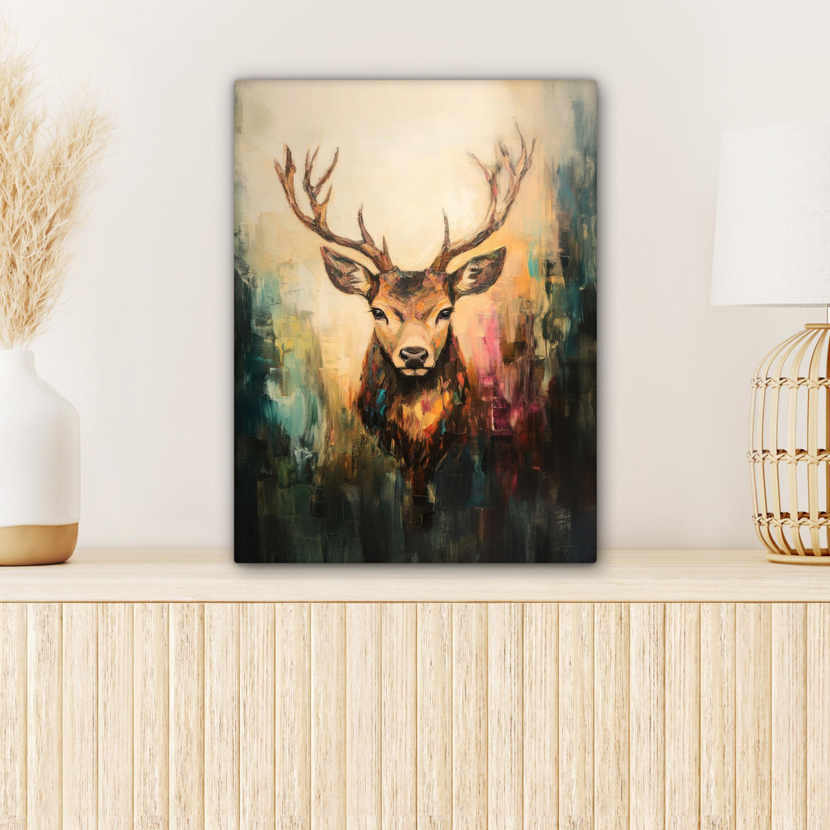 LEINWANDBILD Hirsch - Gemalt - Geweih - Braun Room Decor 30x40 cm - Haselnussfarben, Textil (30/40cm) - MuchoWow