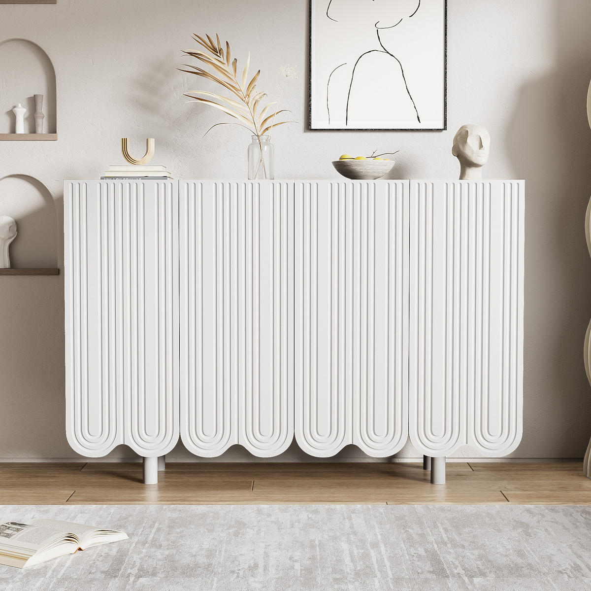 SIDEBOARD 4-türig aus weißem MDF mit geschnitzten Tropfenfronten, gedämpfte Scharniere, 120/37,5/80,8 cm, Weiß - Weiß, Holzwerkstoff (120/37.5/80.8cm) - Redom