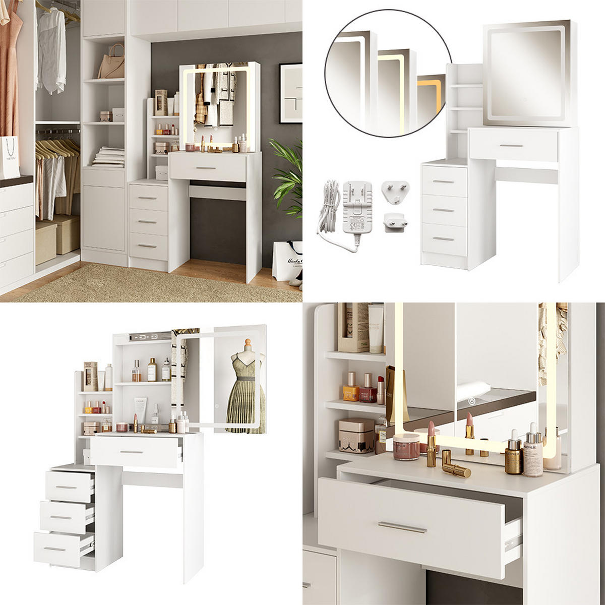 SCHMINKTISCH Lisca Weiß 80 cm mit LED-Spiegel - Weiß, Holzwerkstoff (80/131.6/36cm) - Vicco