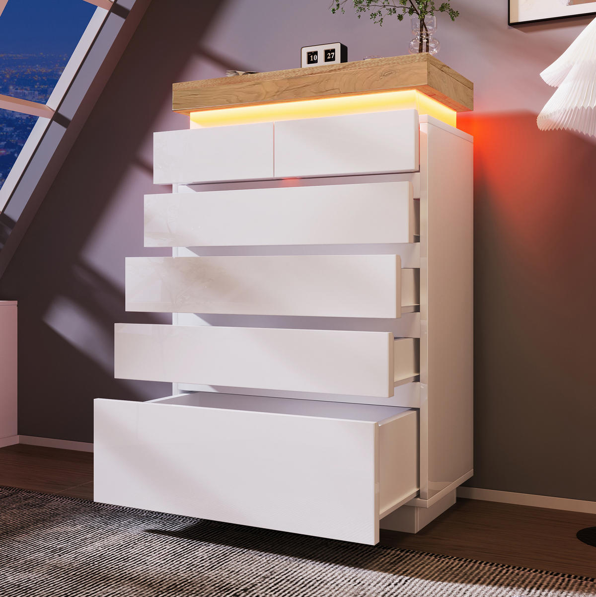 SIDEBOARD in Hochglanz mit 6 Schubladen und LED (App und Touch), 73/39/115 cm, Weiß - Weiß, Holzwerkstoff (73/115/39cm) - Redom