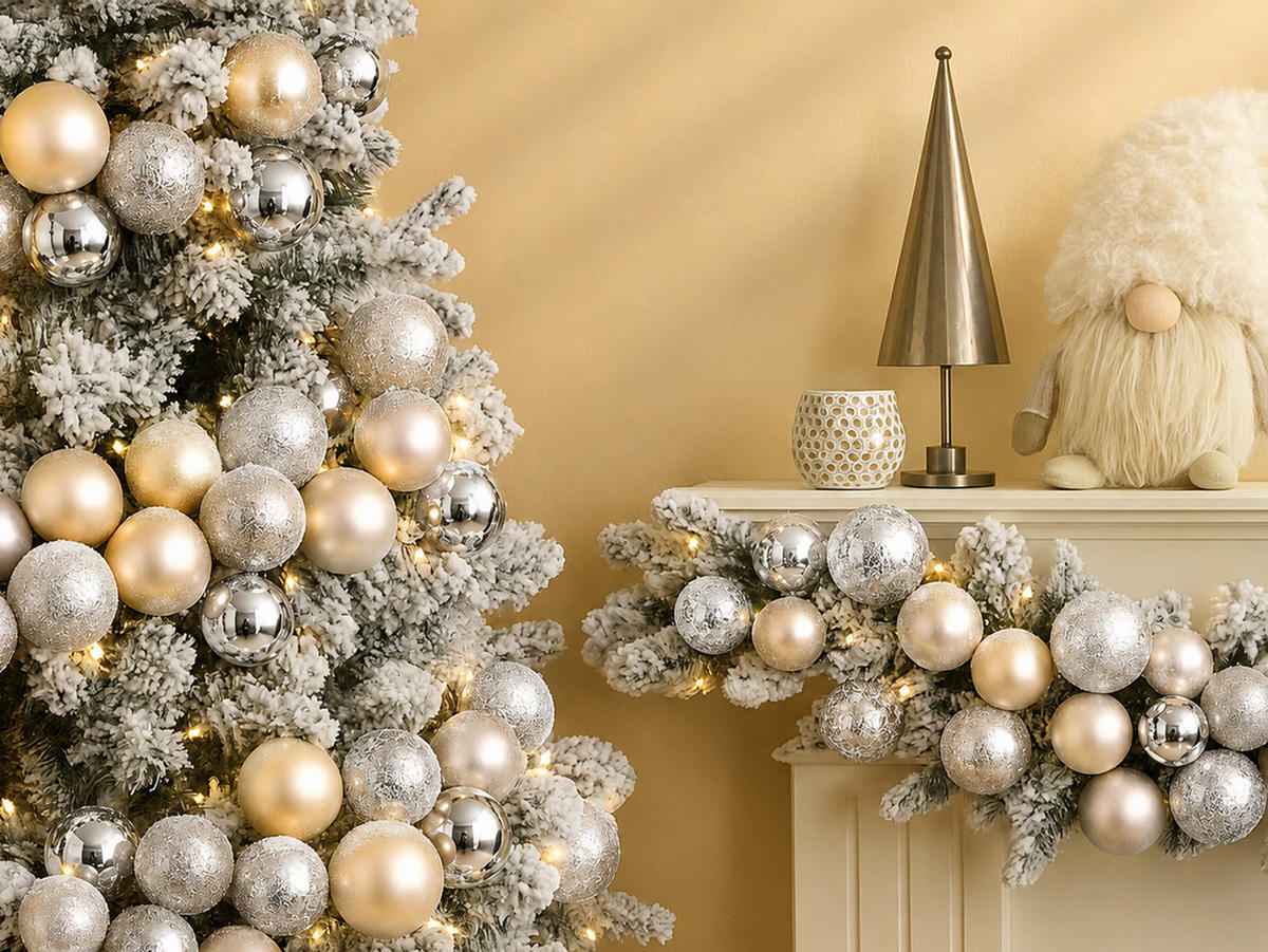 WEIHNACHTSBAUM künstlicher 210 cm – KÖNIGSCHAMPAGNE, geschmückt mit 240-teiligem Weihnachtsbaumschmuck, inkl. Ständer - Champagner/Silberfarben, Kunststoff/Metall (127/210cm) - LAALU