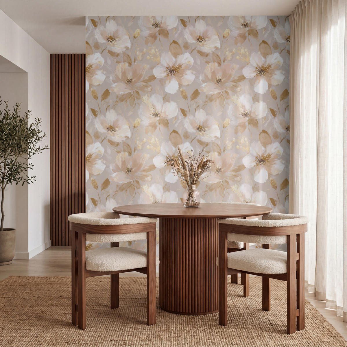 TAPETE - Blumen - künstlerisch - Gold - 200x240 cm - Beige, Papier (200/240cm) - OnlyWow