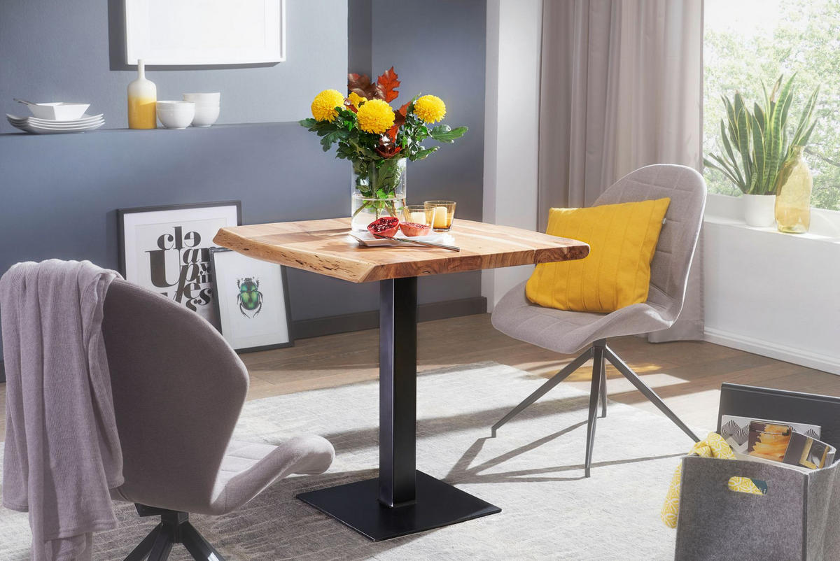 ESSTISCH – Massivholz quadratisch Baumkante Edelstahlfuß Unikat - Beige/Schwarz, Holz/Metall (75/80/75cm) - KADIMA DESIGN