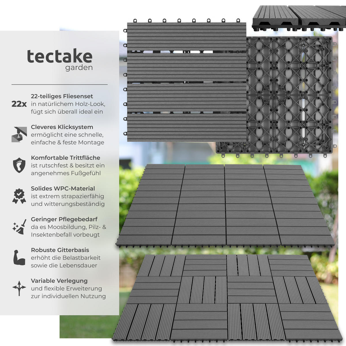 TERRASSENFLIESEN Tegulas,31 x 31 x 2,2 cm,grau - Grau, Kunststoff (31/31/2.2cm) - tectake