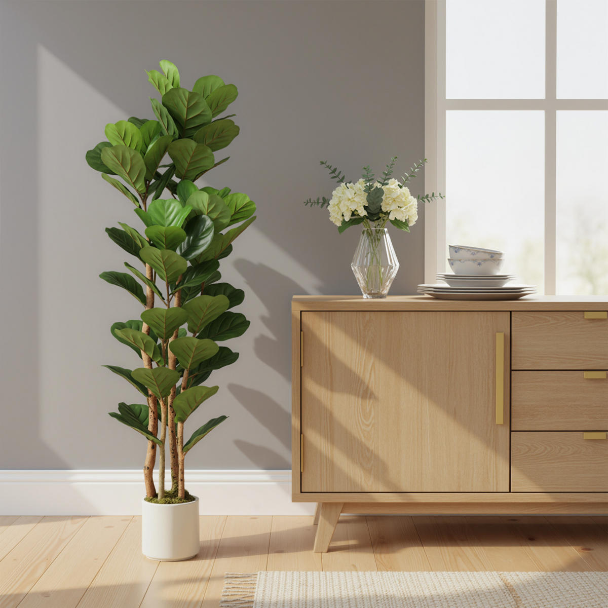 KÜNSTLICHER Geigenfeigenbaum 150 cm Kunstpflanze mit 71 Blättern Massivholzstamm - Weiß/Grün, Kunststoff (150cm) - HOMCOM