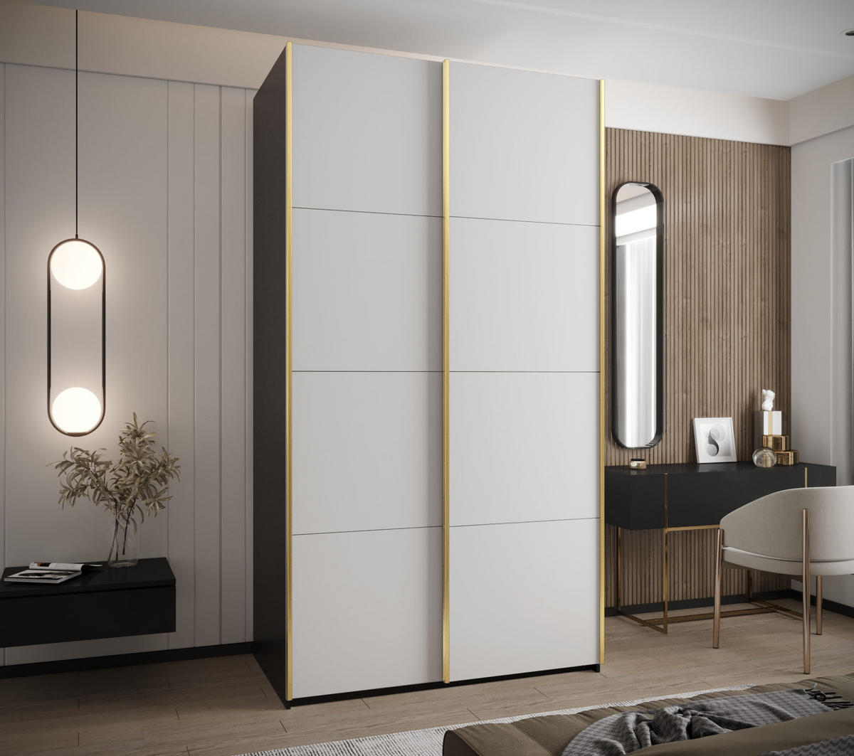 SCHWEBETÜRENSCHRANK 245,5/140/64 2-türig - Goldfarben/Schwarz, Holz/Metall (140/245/64cm) - Abiks Möbel