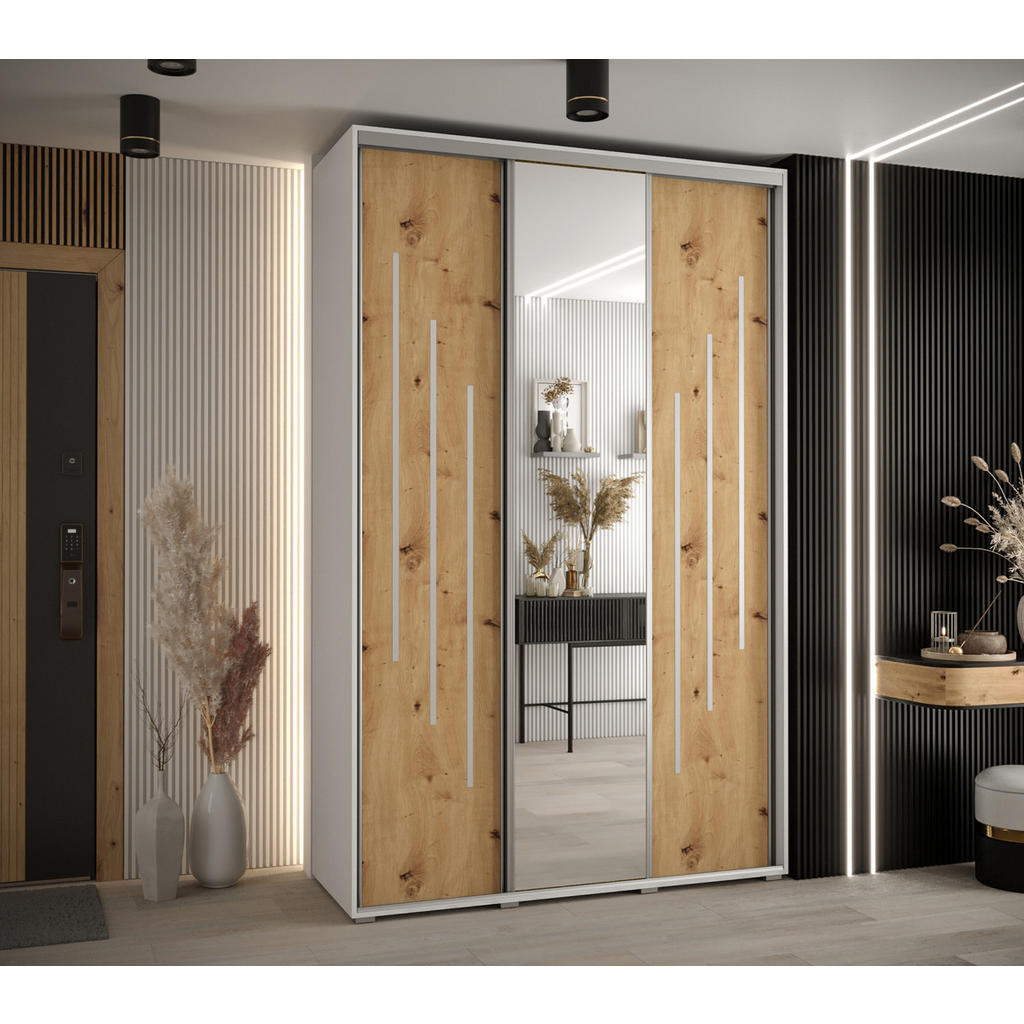Thumbnail - Abiks Möbel Schwebetürenschrank, Weiß, Eiche Artisan, Silber, Metall, Nachbildung, 6 Fächer, 150x235x45 cm, Schlafzimmer...