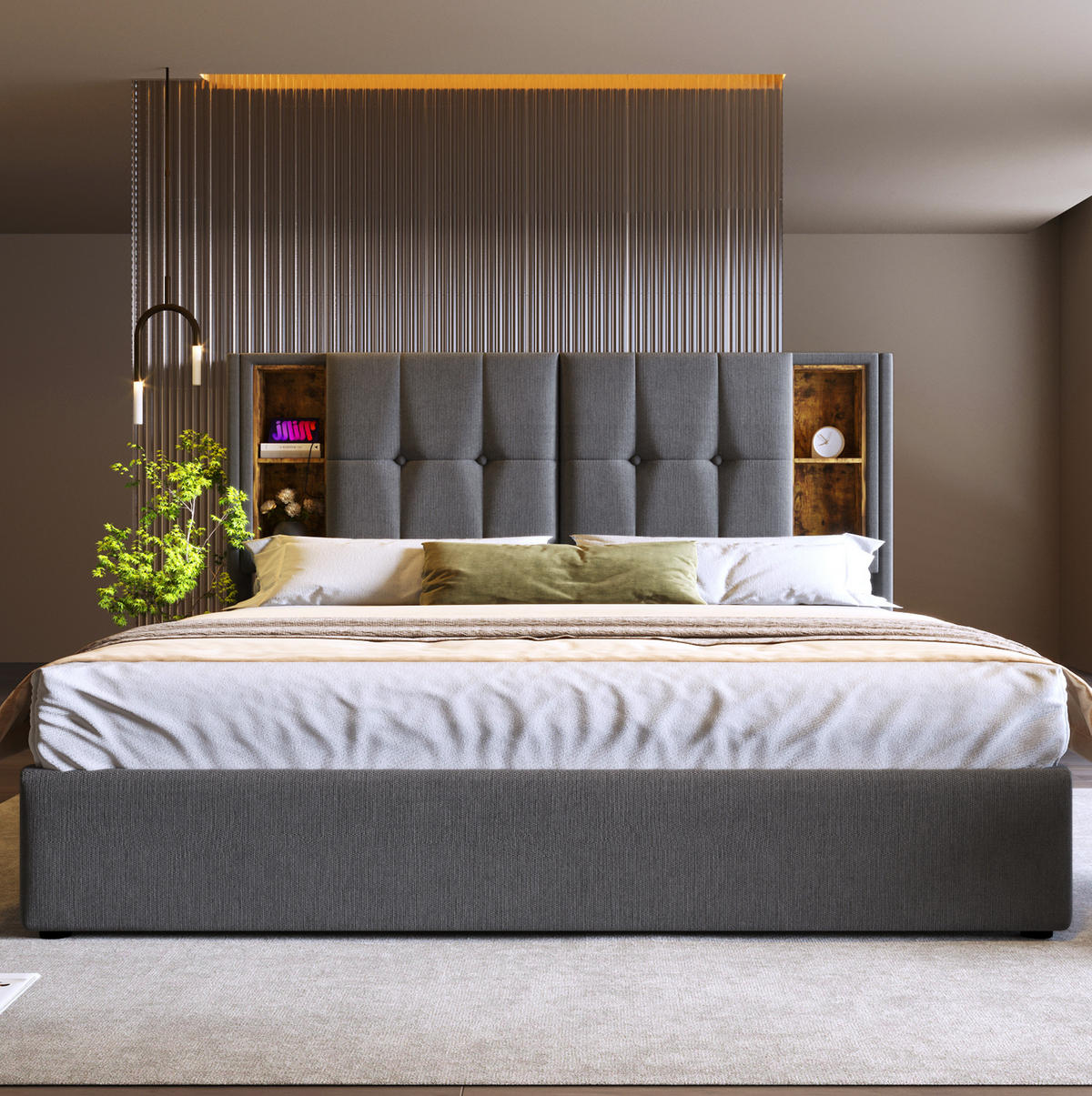 BETT mit Stauraum & Ladestation 140x200 cm Baumwolle Grau - Grau, Metall (140/200cm) - Meubliv