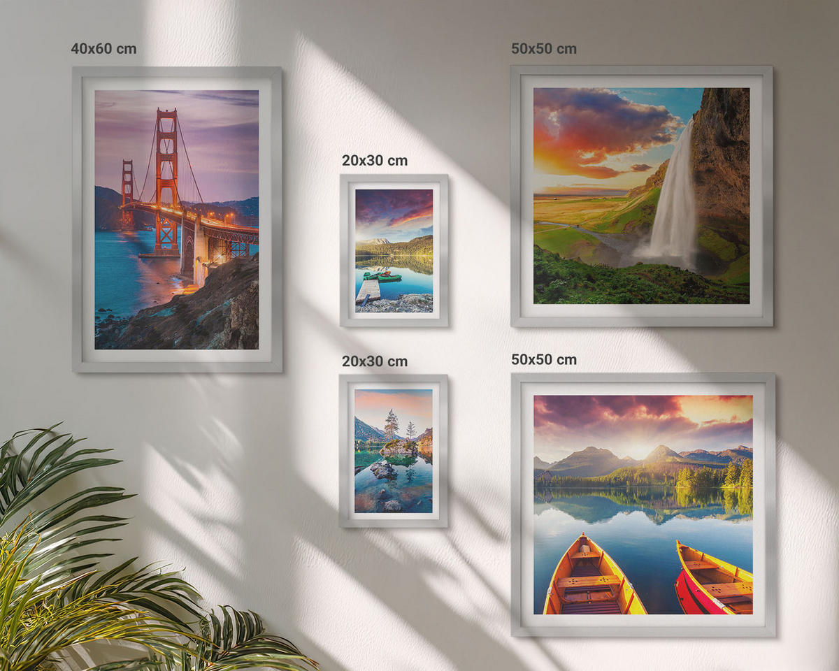 WANDBILDER 5er Set - 50x50 cm & 20x30 cm & 40x60 cm Silberner Rahmen - Bergseen, Boote, Brücken - Silberfarben, Kunststoff (40/60cm) - ArtPrintCave