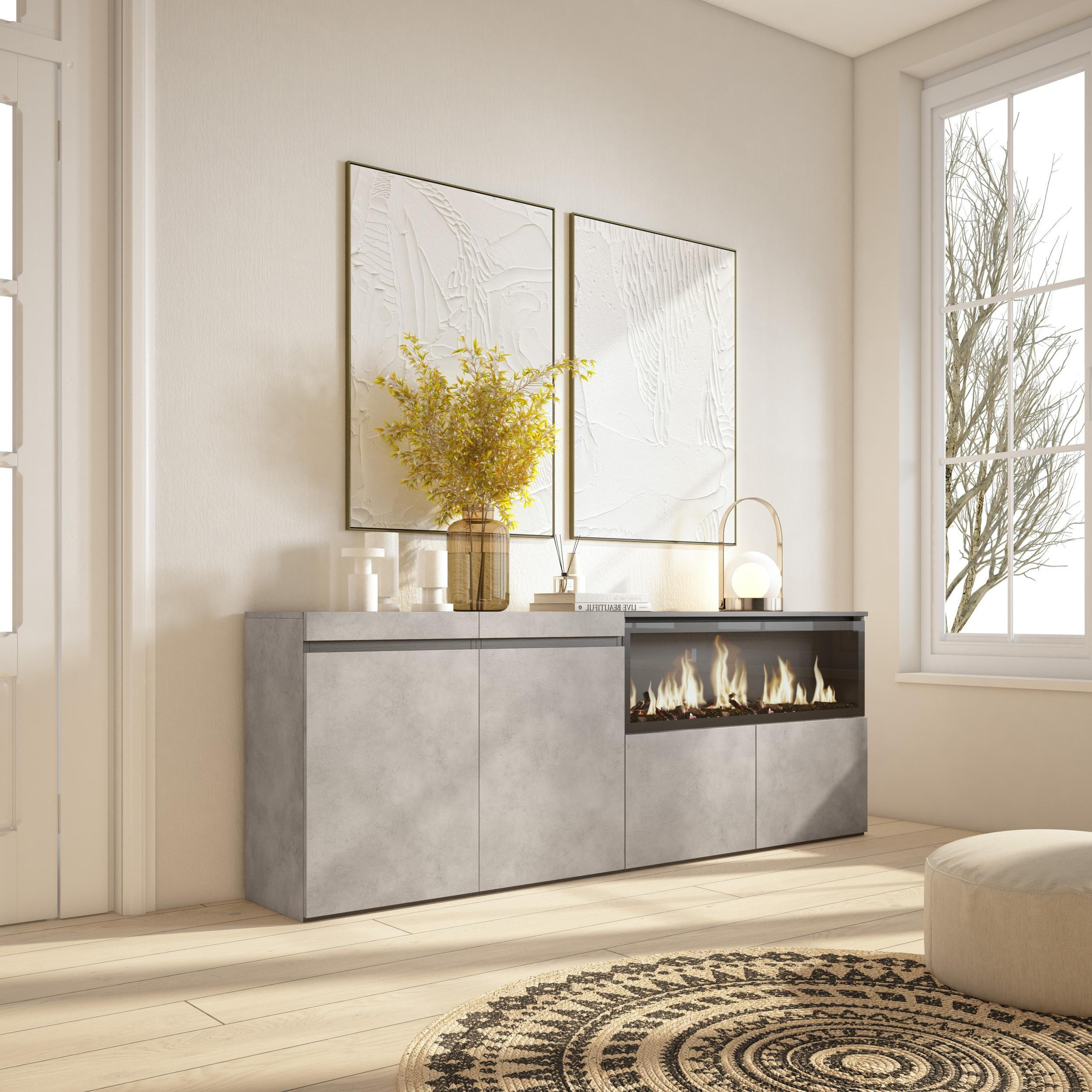 SIDEBOARD Highboard, Elektrokamin XXL, zementgrau, 208/35/75cm - Schwarz/Grau, Holzwerkstoff (208/75/35cm) - Skraut Home