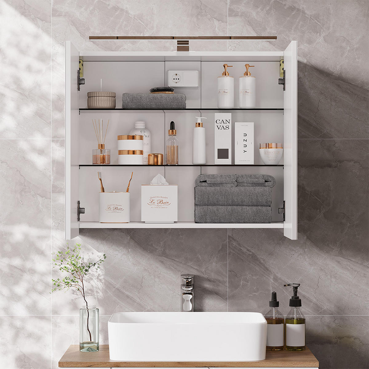 KOUPELNOVÁ ZRCADLOVÁ SKŘÍŇKA Lavio Bílá 70 x 60 cm s LED osvětlením - bílá, kompozitní dřevo (70/60/20cm) - Vicco