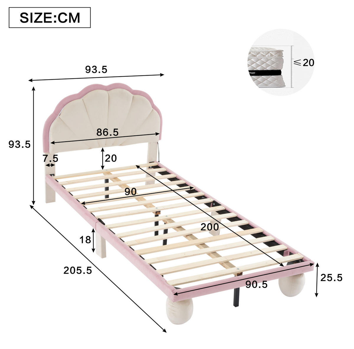 POLSTERBETT mit LED-Beleuchtung 90/200 cm in Samt Beige/Rosa - Weiß, Textil (90/200cm) - BEAOK