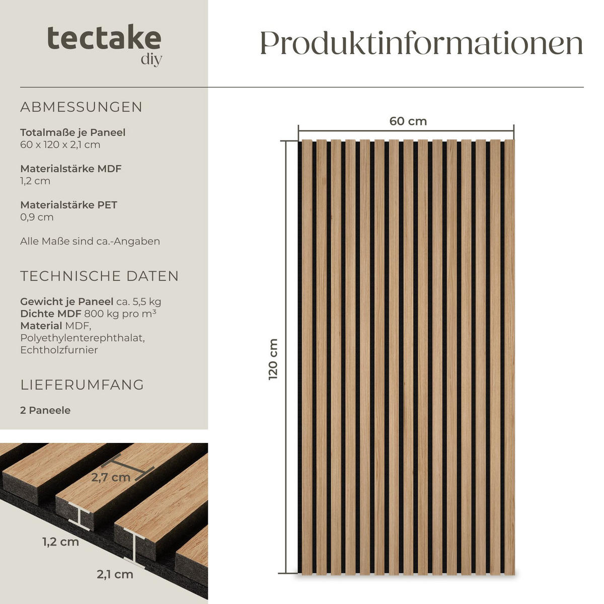 AKUSTIKPANEELE 2er Set Sonic Wall,je 60 x 120 x 2,1 cm, Größe flexibel anpassbar,Eiche hell - Eichefarben, Holz (60/120/120cm) - tectake