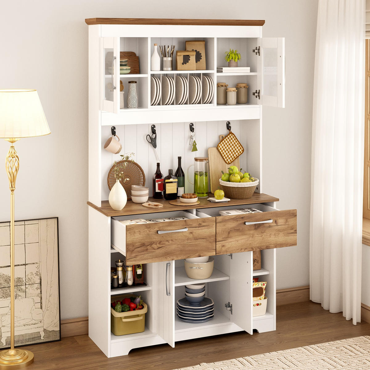 BUFFET 106/39/176,5 cm Küchenbuffet,Küchenschrank 2 Schubladen,Weiß - Weiß, Holz (106/176.5/39cm) - LVHOM