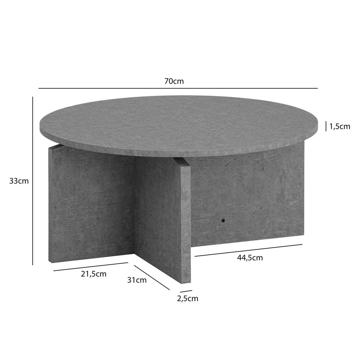 COUCHTISCH rund in Stein-Optik – modernes Design in Großformat, Grau 70x70x33 cm - Grau, Holzwerkstoff (70/70/33cm) - KADIMA DESIGN