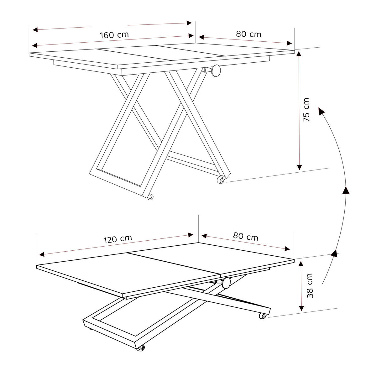 COUCHTISCH ARIA 120-160/80 cm, Höhenverstellbar, Schwarz / Grigia Pietra (Steingrau) - Schwarz/Grau, Holzwerkstoff/Metall (120/80/38cm) - Idohome