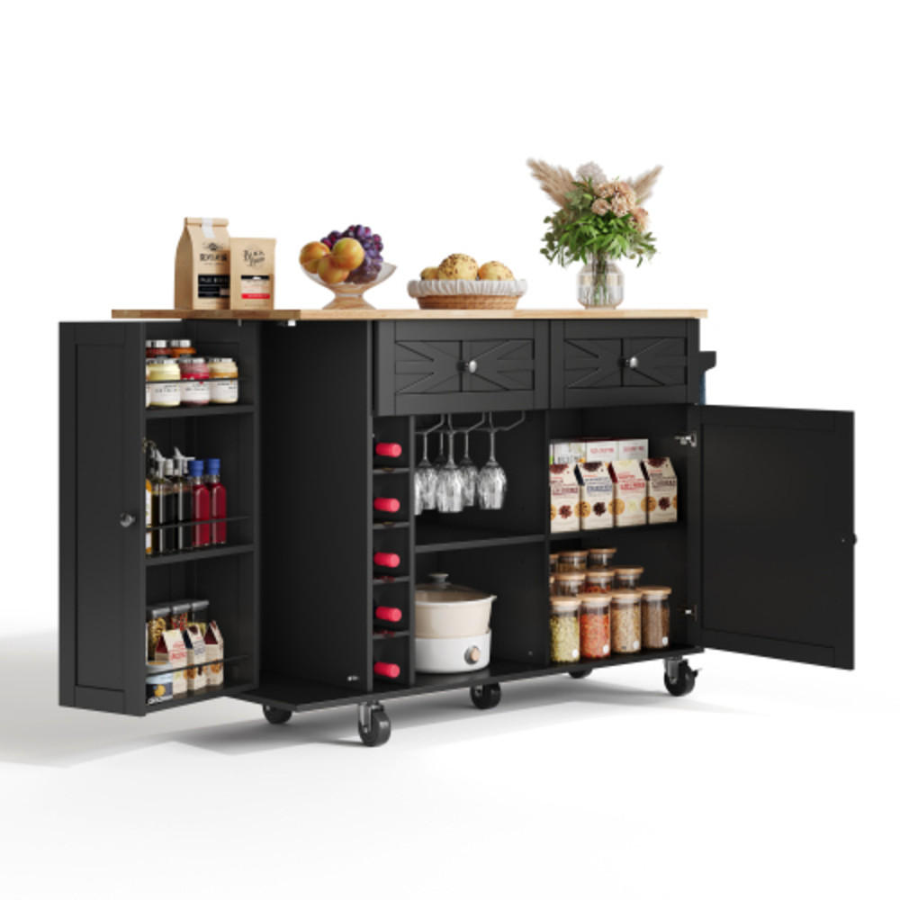 KÜCHENINSEL Schwarz aus MDF mit klappbarer Erweiterungsplatte und Laufrollen 120 × 45(70) × 89 cm - Schwarz, Holzwerkstoff (120/89/70cm) - Luhomfu