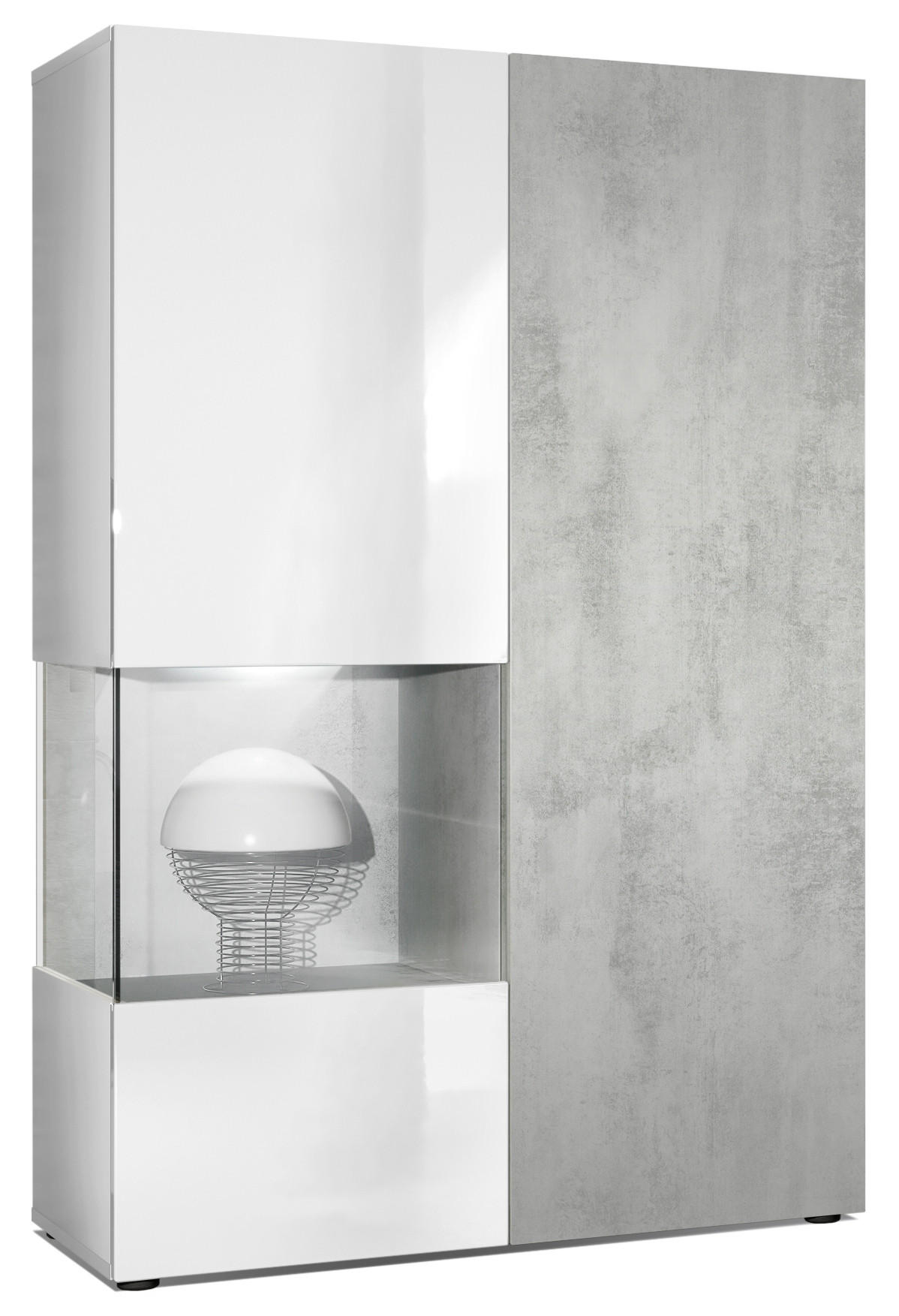 VITRINE Morena Tür und Einsatz in Beton Oxid Optik - Hellgrau, Holzwerkstoff (91.5/136.5/37cm) - Vladon