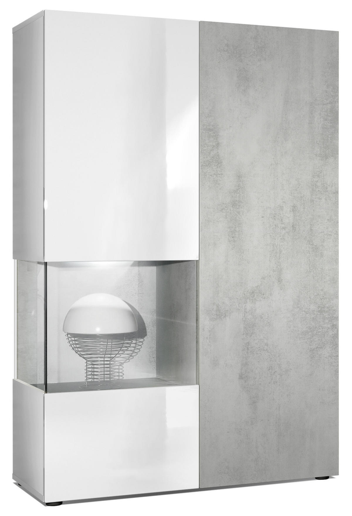VITRINE Morena Tür und Einsatz in Beton Oxid Optik - Hellgrau, Holzwerkstoff (91.5/136.5/37cm) - Vladon