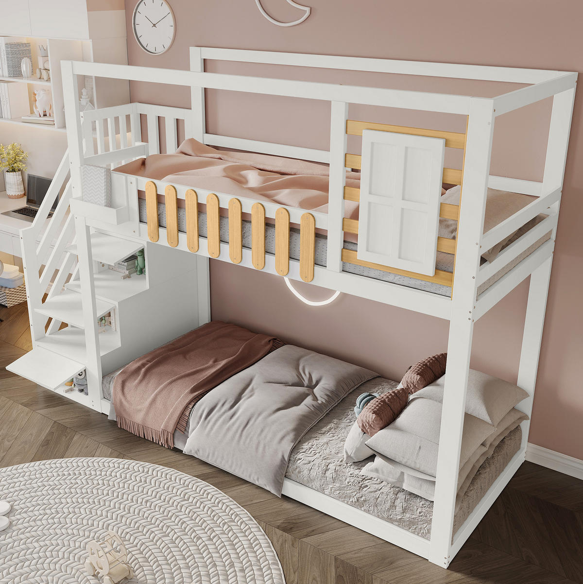 POSCHODOVÁ posteľ 90/200 cm biela/prírodná so schodmi a úložným priestorom z masívneho borovicového dreva a MDF - biela, kompozitné drevo (90/200cm) - OKWISH