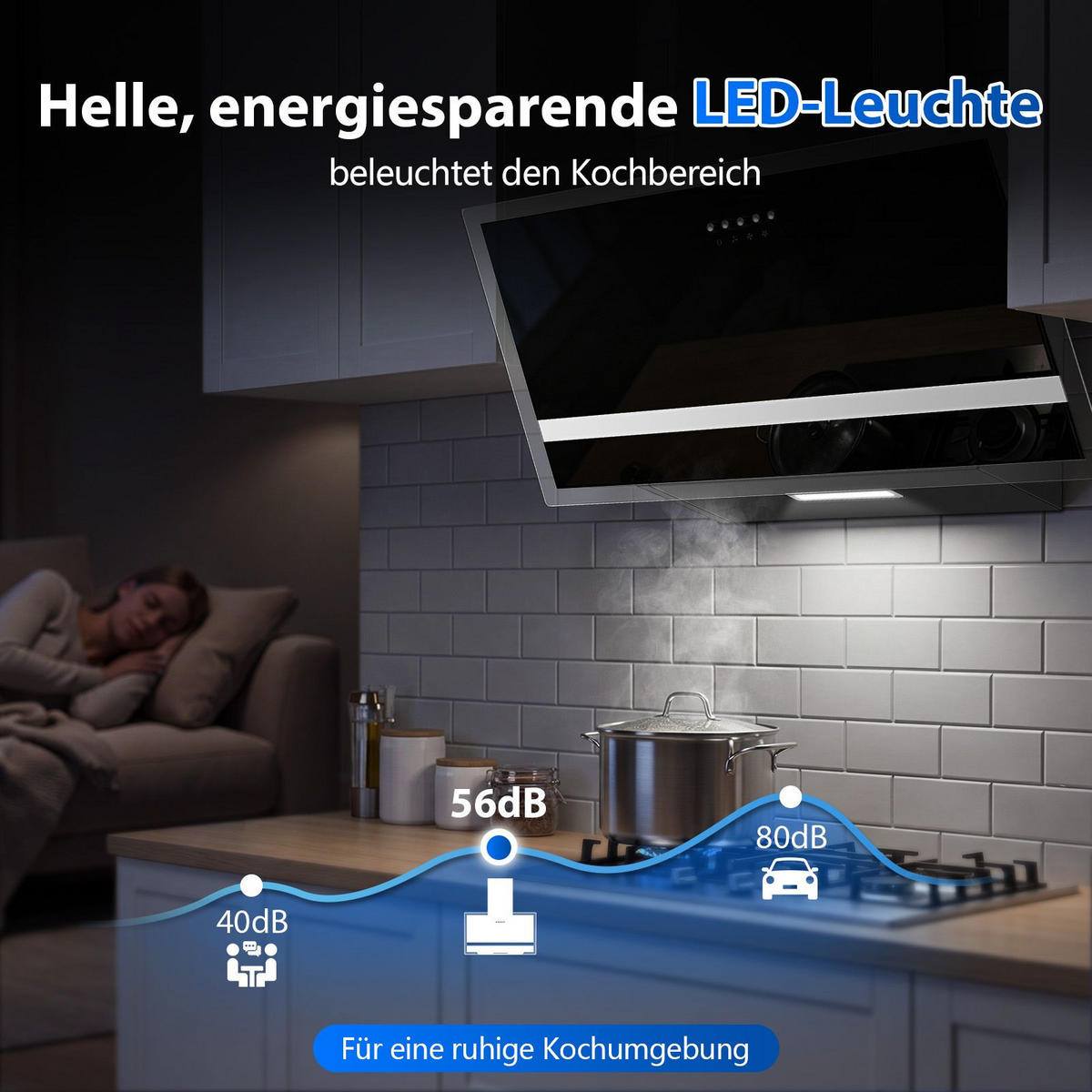 DUNSTABZUGSHAUBE Schwarz mit LED-Beleuchtung, Filter, Umluftfunktion - Schwarz, Metall (40.51/47.01/65.5cm) - Korfee