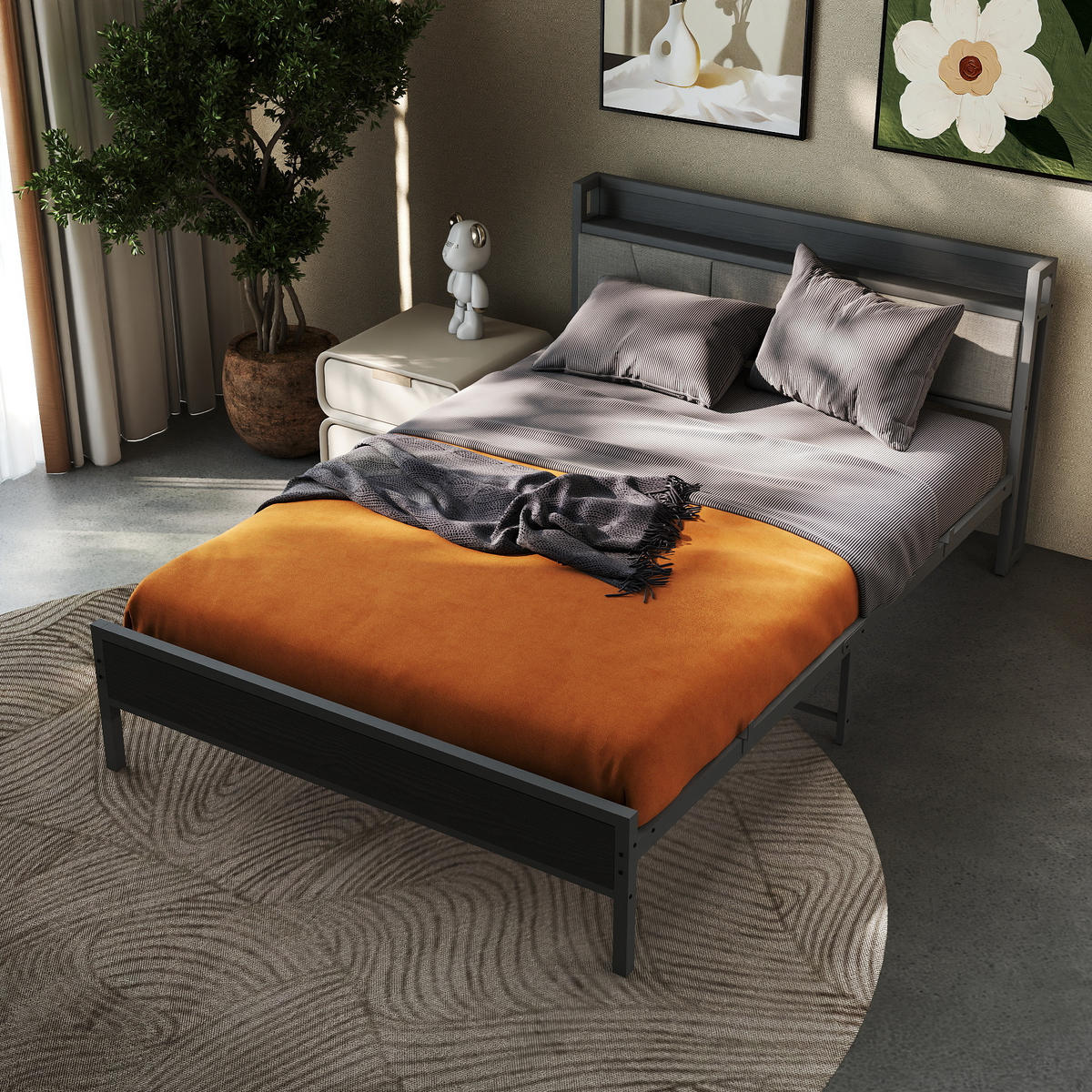 METALLBETT 140x200 cm Schwarz mit Steckdosen und USB-Ladeanschlüssen mit Stauraum-Kopfteil - Schwarz, Metall (140/200cm) - Modfu