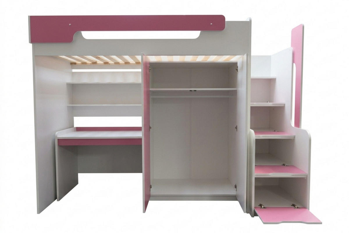 HOCHBETT ARTHUR 90/200 in Weiß/Grau mit Schreibtisch und Kleiderschrank - Weiß/Grau, Holzwerkstoff (90/200cm) - Deine Möbel 24