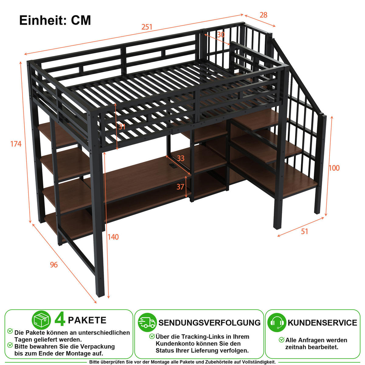 HOCHBETT 90/200 cm in Schwarz mit TV-Regal, Steckdose und Aufbewahrungsleiter - Schwarz, Holz/Holzwerkstoff (90/200cm) - CHICFURN