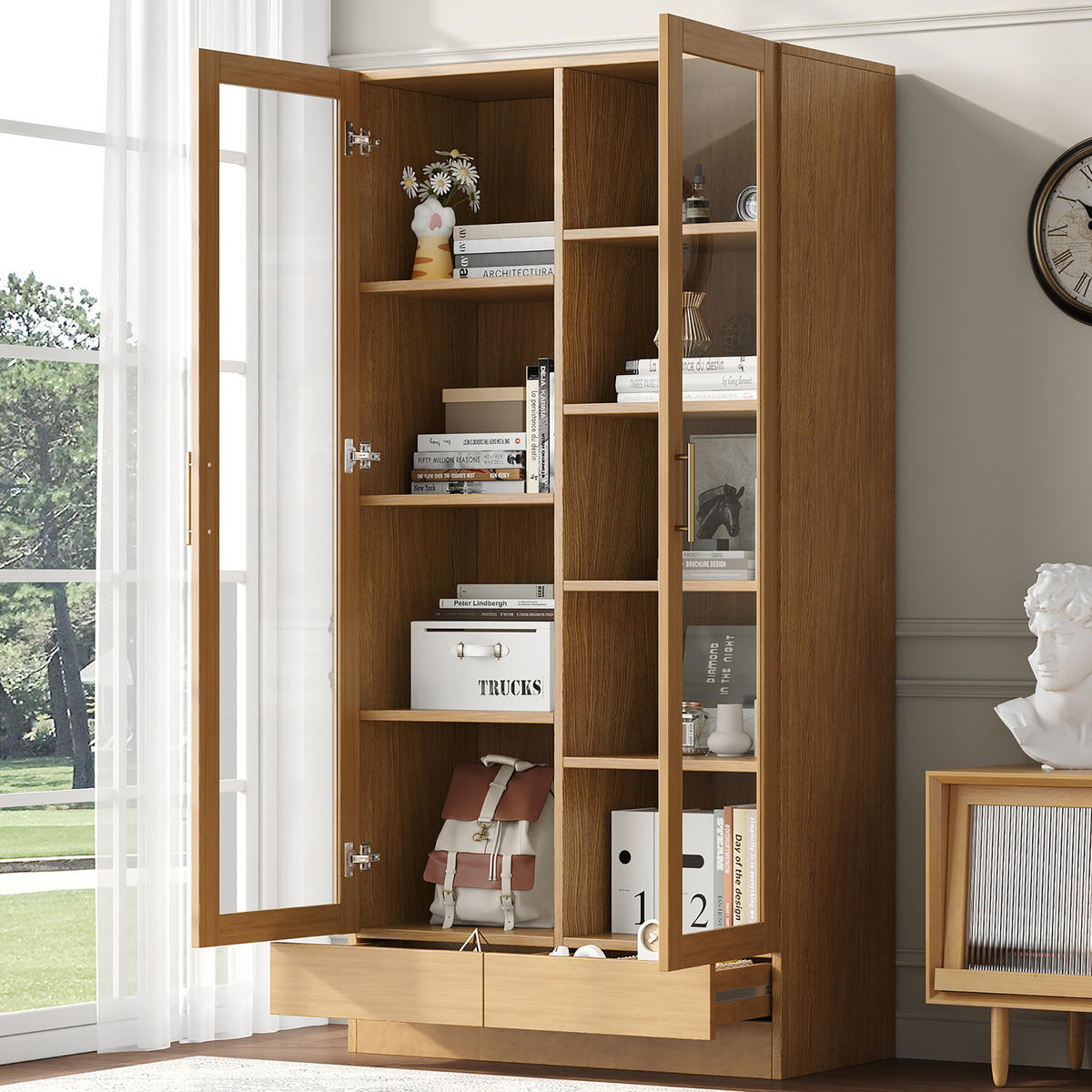 VITRINE in Naturfarben Aktenschrank mit Schubladen für Wohnzimmer, Schlafzimmer oder Büro, B80/T40/H160cm - Transparent/Naturfarben, Glas/Holzwerkstoff (80/160/40cm) - STILVORA