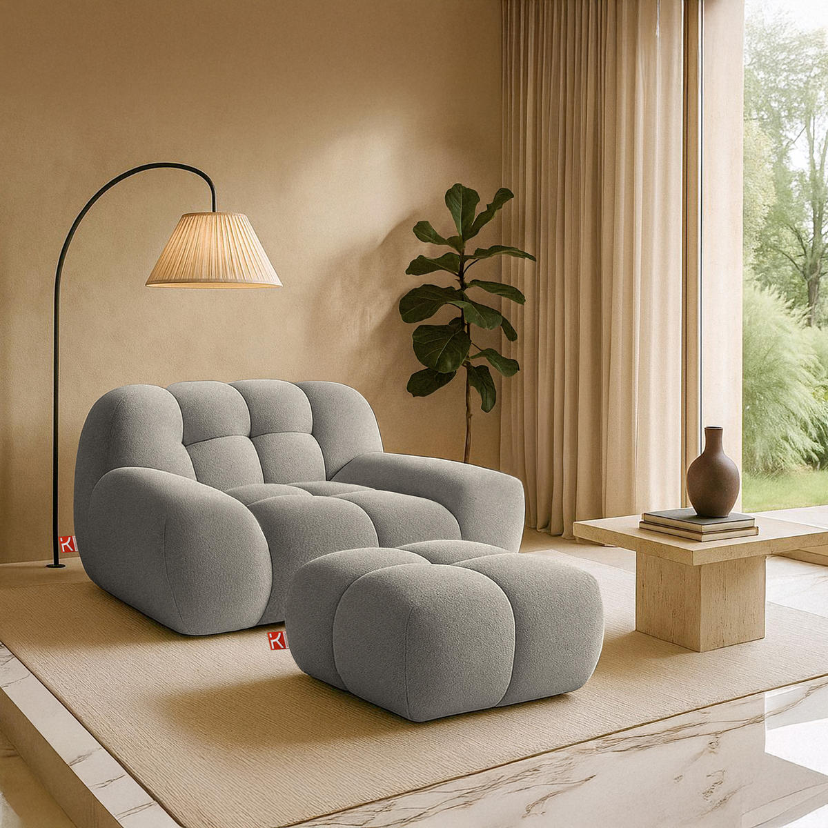 POUF VENA Bouclé, Hellgrau - Hellgrau, Holz/Textil (65/38/65cm) - KONSIMO®