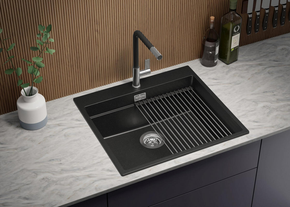 GRANITSPÜLE Oslo Max, 2-er set Alles Schwarz 58/53 cm 1 Becken + Küchenarmatur 32/20 cm + Ablauf-Set + Aufrollbare Abtropffläche ab 60er Unterschrank - Schwarz, Kunststoff (58/20/53cm) - Primagran