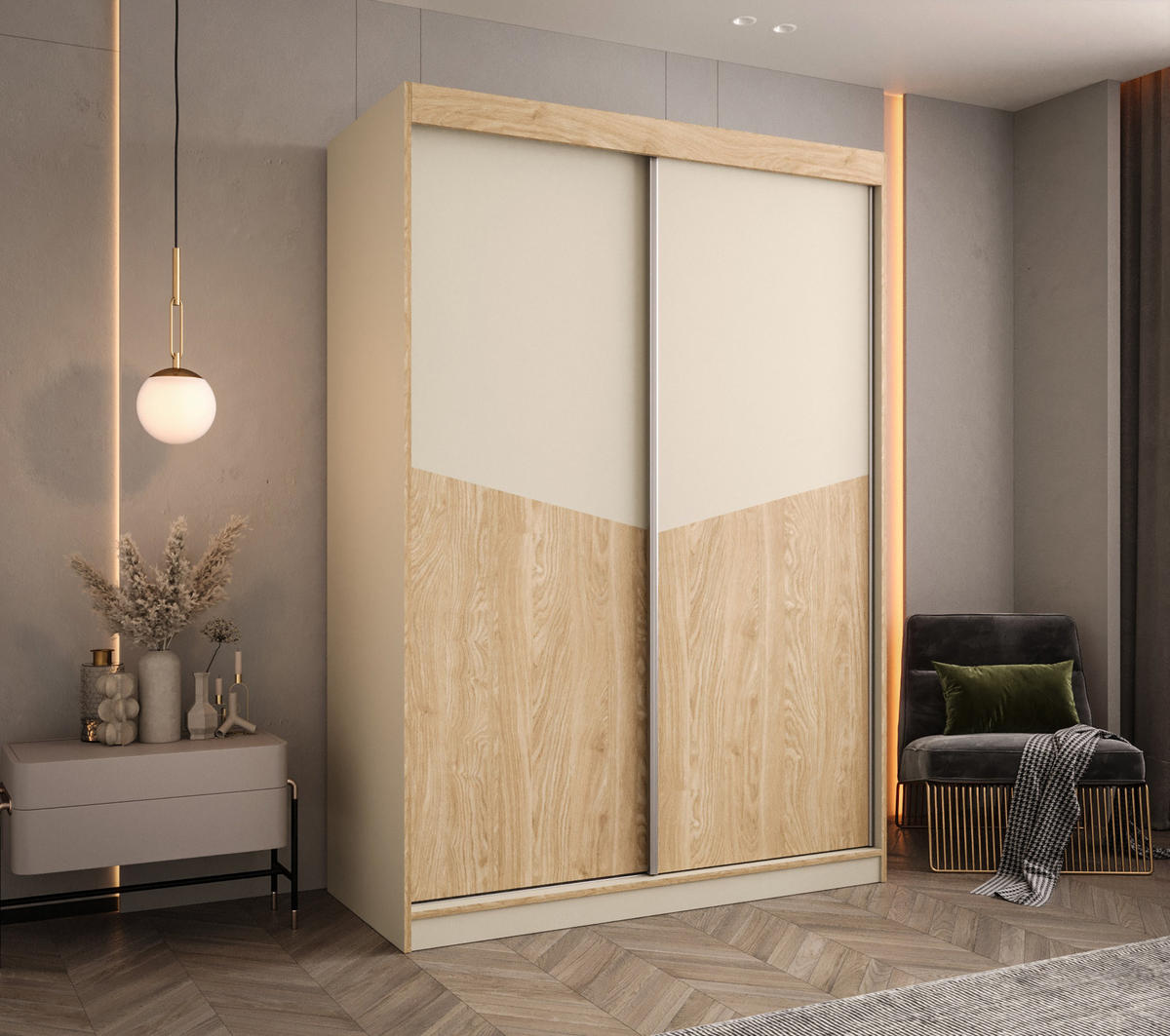 SCHIEBETÜRENSCHRANK DUBLIN 150, 2-türig Kleiderschrank, Moderne Garderobe, Schrank in Größe: 150 x 215 x 65 cm - Beige/Braun, Holzwerkstoff (150/215/65cm) - O-Sofa