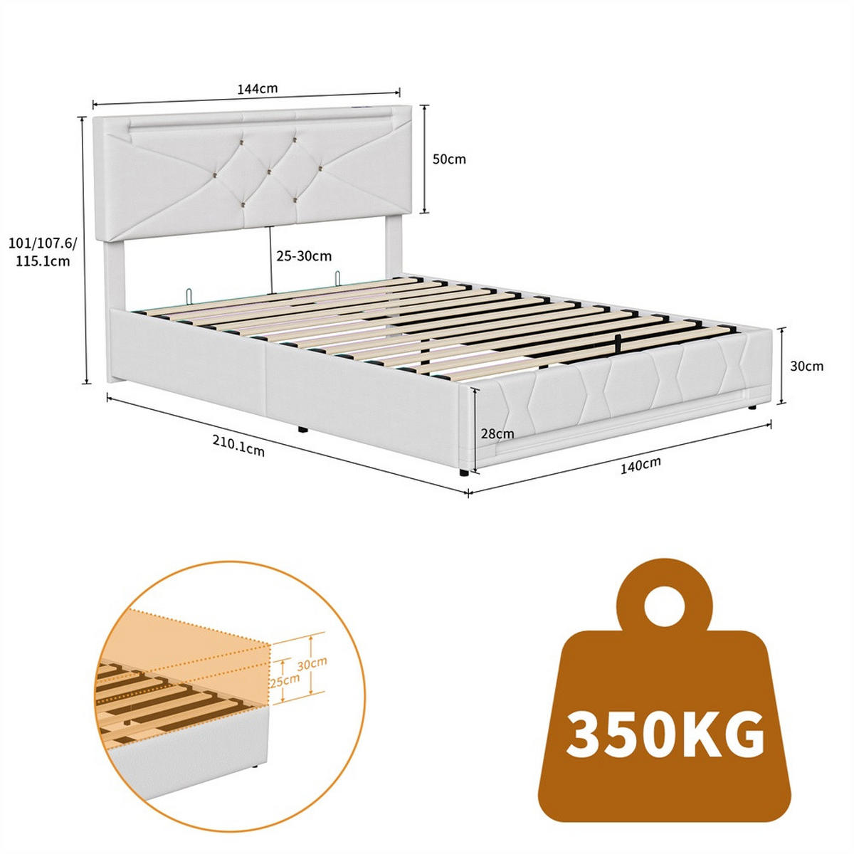 POLSTERBETT 140x200 cm mit LED-Beleuchtung&USB-Ladefunktion -höhenverstellbarem Kopfteil und hydraulischem Stauraum - Beige, Textil (140/200cm) - DELFA