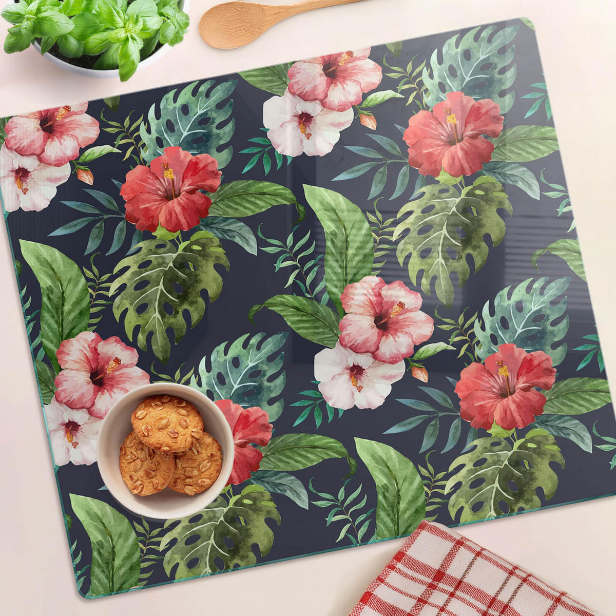 GLASPLATTE 60x52 cm Tropische Blumen - Multicolor, Glas (60/0.4/52cm) - TULUP