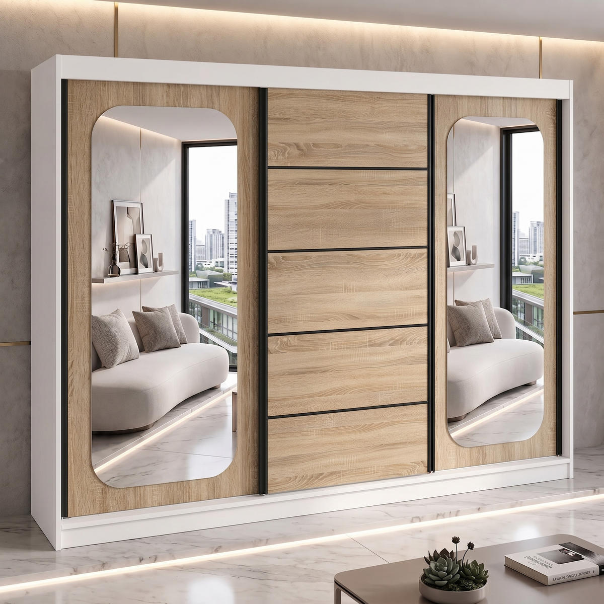 SCHWEBETÜRENSCHRANK BELANO 200 cm. Innenausstattung: Comfort plus - Weiß/Braun, Holzwerkstoff (200/215/59.5cm) - A&J MöbelLand