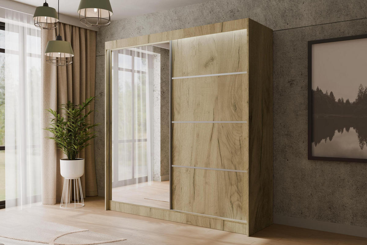 KLEIDERSCHRANK PAOKI mit LED - 200 cm - Braun - Braun, Holzwerkstoff (200/215/61cm) - ALTDECOR