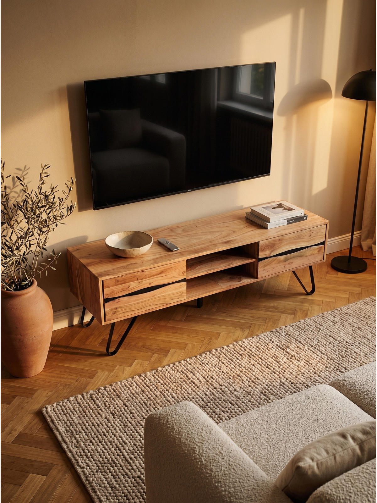 LOWBOARD BETANZOS, Akazie Massivholz, 160 x 44,5 x 50 cm - Schwarz/Akaziefarben, Holz/Metall (160/50/44.5cm) - KADIMA DESIGN