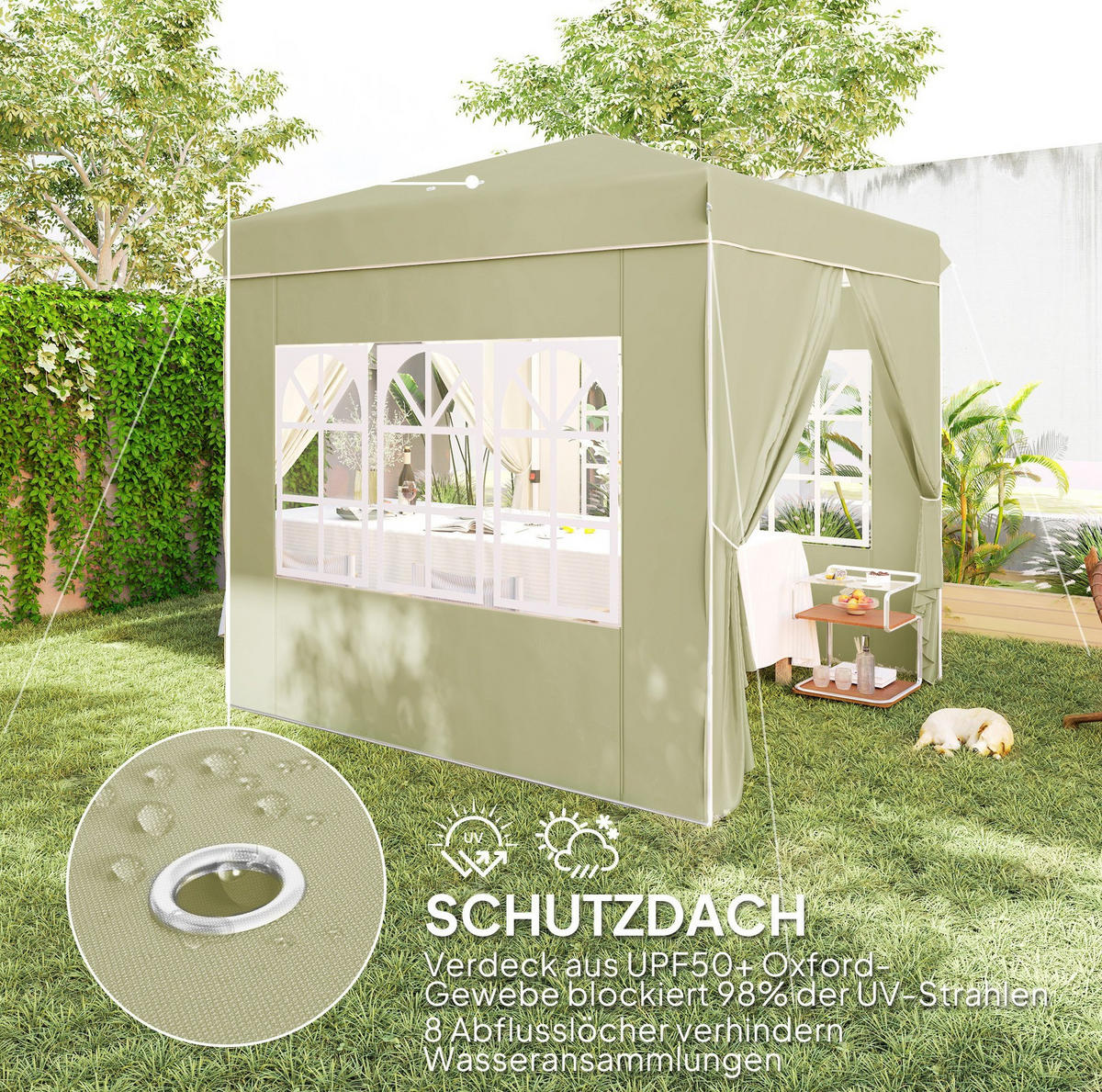 PAVILLON 248/248/270 cm mit Pop-up-Mechanismus, höhenverstellbar und UV-Schutz 50+, Cremeweiß - Beige, Textil (248/270/248cm) - Redom