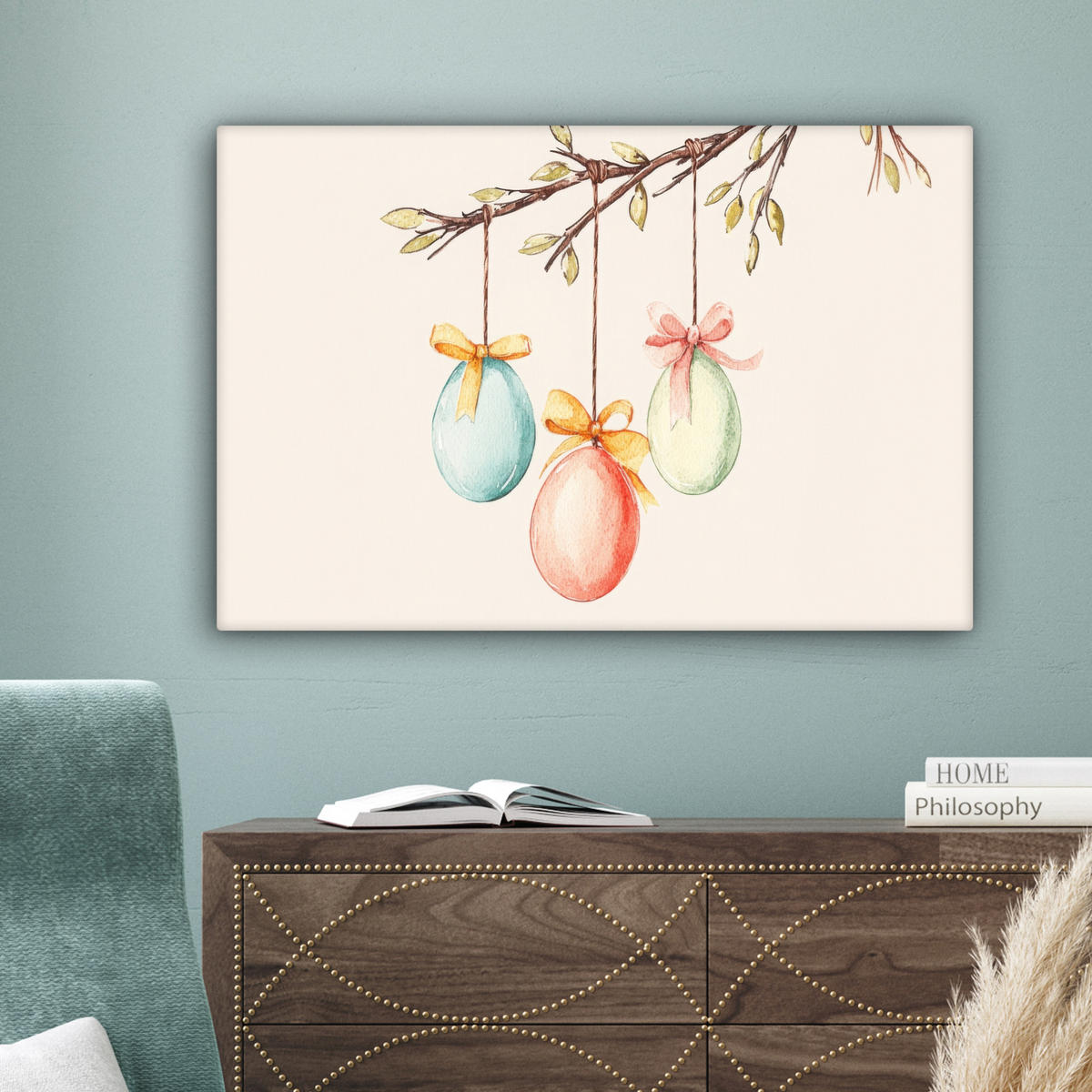 LEINWANDBILD Osterkuchen - Schleife - Eier Wanddeko 90x60 cm - Creme, Textil (90/60cm) - MuchoWow