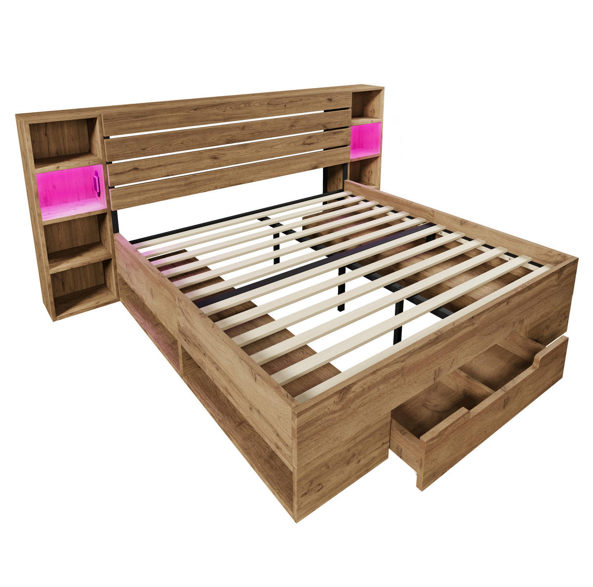POLSTERBETT 160/200 cm Eiche aus Metall und Holz mit LED und Stauraum - Eichefarben, Metall (160/200cm) - OKMYHOME
