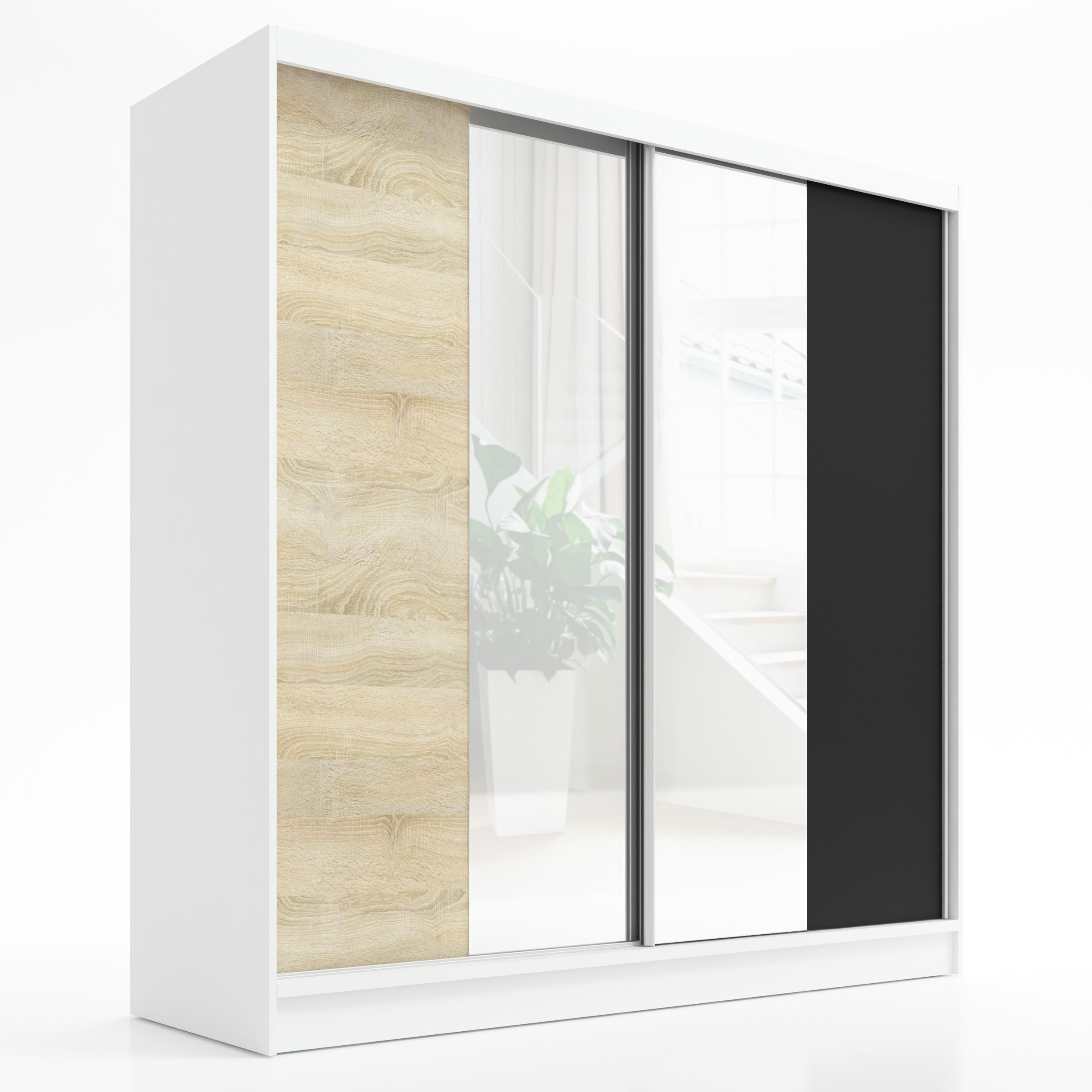 A&J MöbelLand Schwebetürenschrank Weiß, Braun, Schwarz 200x215x60 cm
