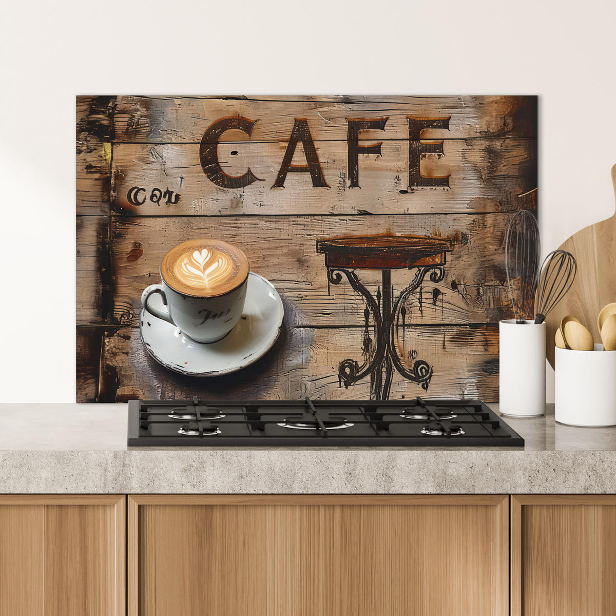 SPRITZSCHUTZ KÜCHE Cafe - Holz - Kaffee - Regale 80x55 cm - Schwarz, Metall (80/0.3/55cm) - MuchoWow