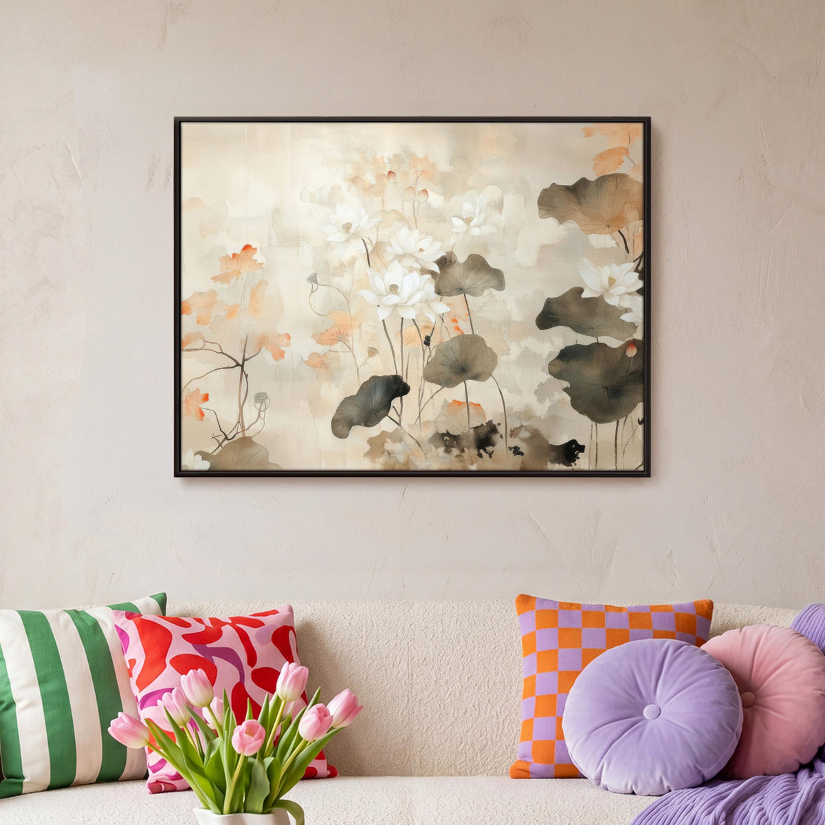 LEINWAND Bilder mit Rahmen - Blumen - Japandi - Wabi sabi - 80x60 - Sandfarben, Textil (80/60cm) - MuchoWow