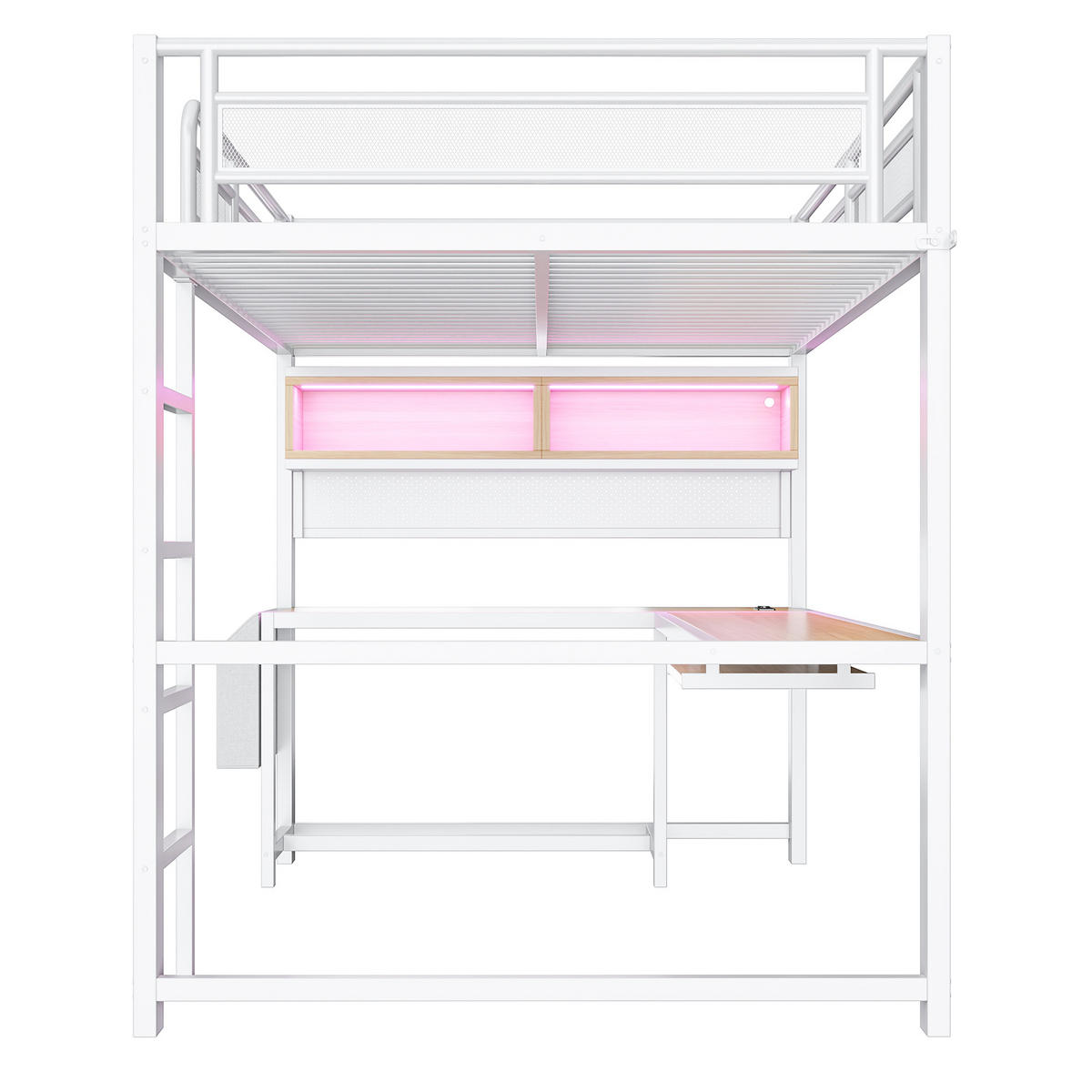 HOCHBETT 140/200 cm in Weiß mit Schreibtisch, LED und USB aus MDF und Metall - Weiß, Holzwerkstoff/Metall (140/200cm) - CHICFURN