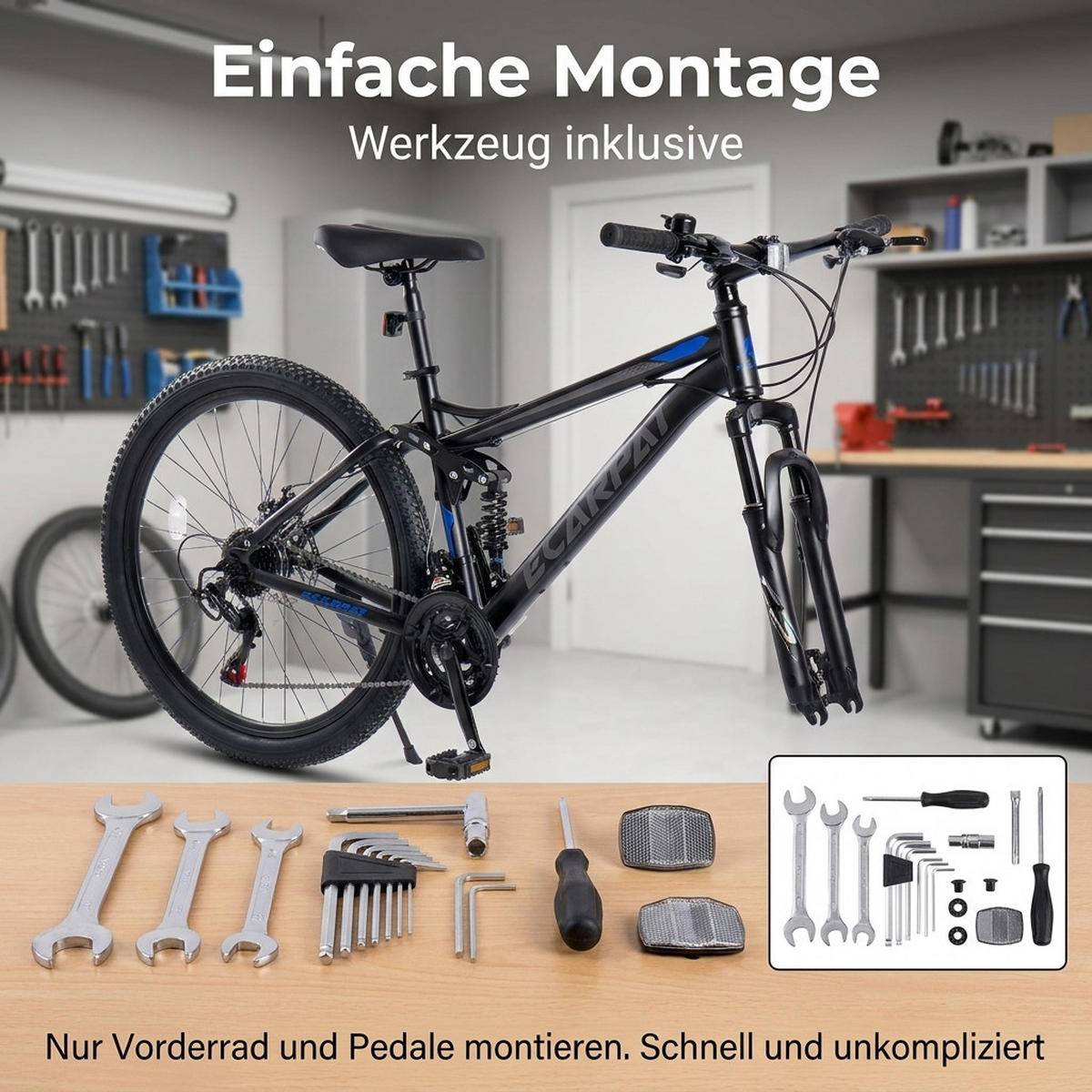 MOUNTAINBIKE 26 Zoll Schwarz + Blau, 21-Gang-Schaltung, Doppel-Scheibenbremsen, Carbonstahl - Blau, Metall (20cm) - Oxeza