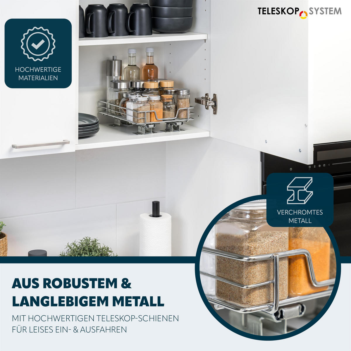 TELESKOP-GEWÜRZREGAL ausziehbar mit Einlegeboden aus verchromtem Metall - Chromfarben, Metall (21/8/28cm) - bremermann