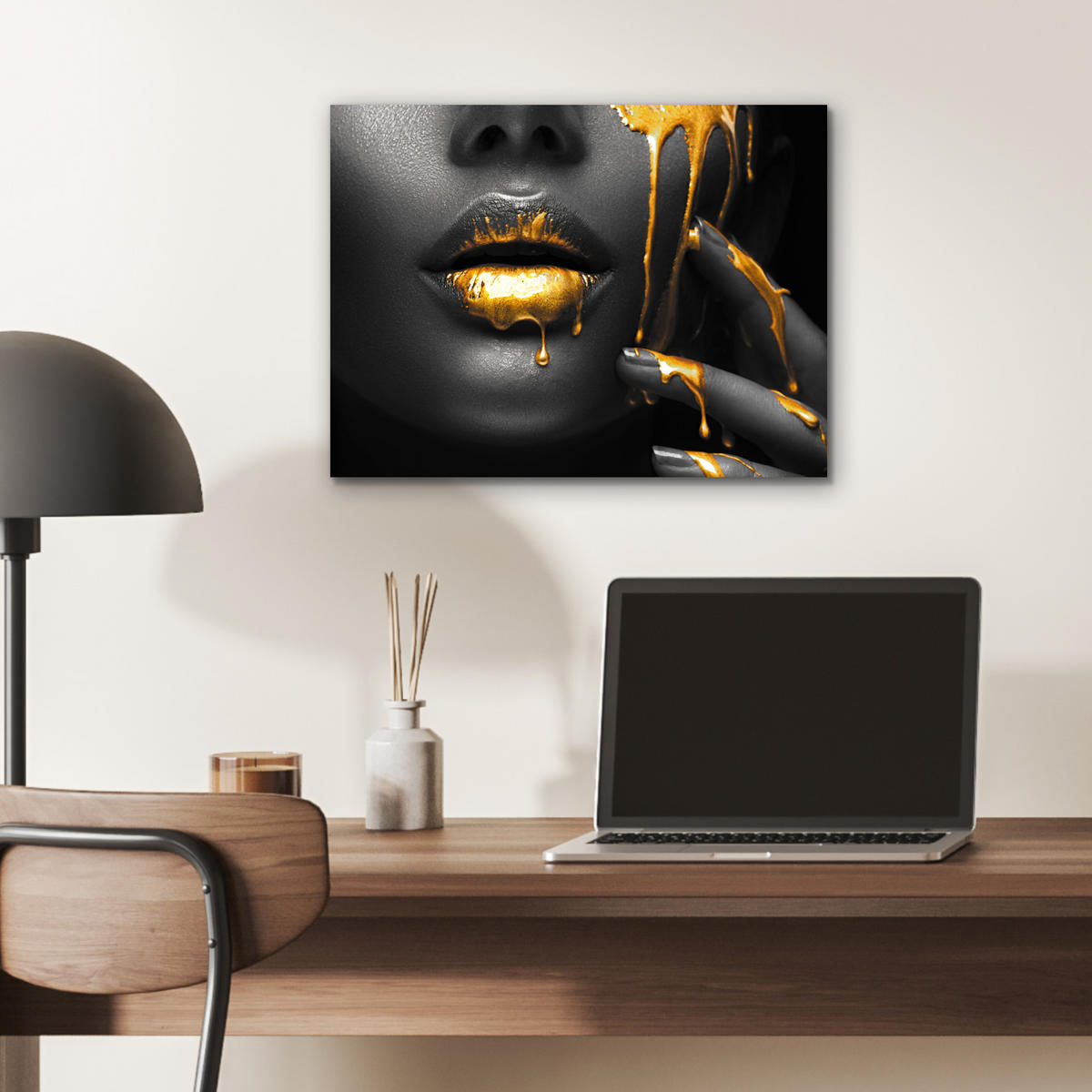 METALLBILD Frau - Schwarz - Gold - Gesicht - Lippen 40x30 cm - Goldfarben, Metall (40/30cm) - MuchoWow