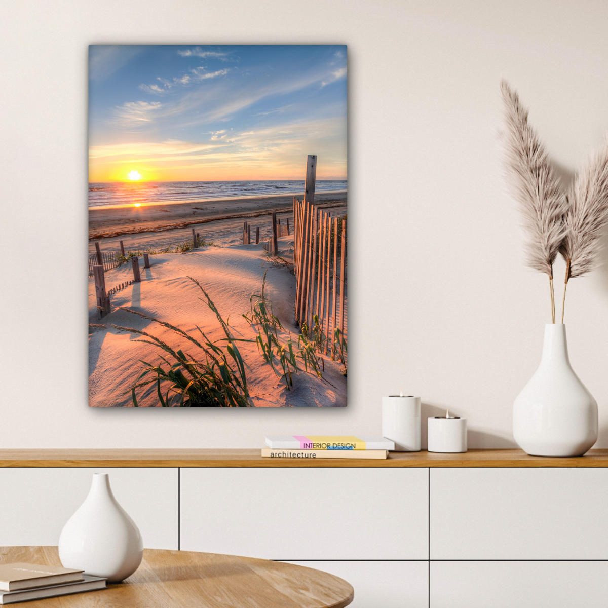 LEINWANDBILD Strand - Meer - Düne - Sonnenuntergang - Landschaft Wandbild Wohnzimmer 60x80 cm - Beige, Textil (60/80cm) - MuchoWow