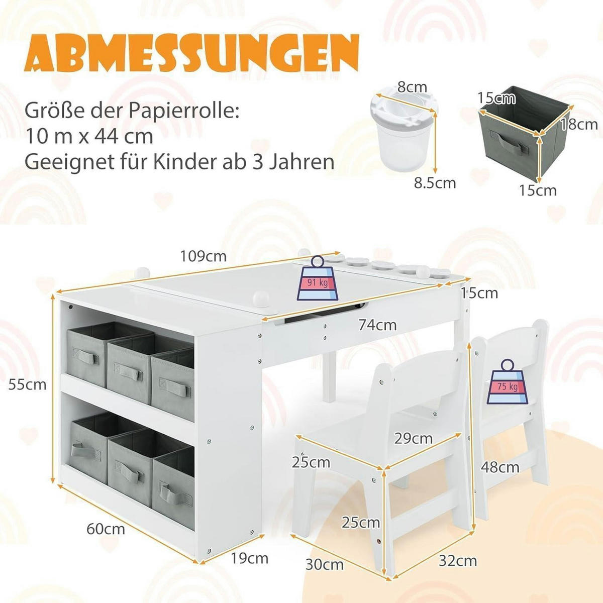 KINDERTISCH mit 2 Stühlen 3-teiliges Set Weiß mit Stauraum - Weiß, Holzwerkstoff (60/55/109cm)